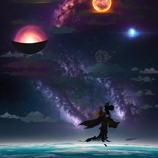 Prompt: "Design a captivating book cover that visually represents the epic journey and cosmic themes of 'Eclipsed Hearts: Chronicles of the Starbound.' Incorporate elements that evoke the idea of interconnected dimensions, the power of love, and the boundless possibilities of the multiverse. Use your creativity to create a cover that draws readers into this interstellar adventure."