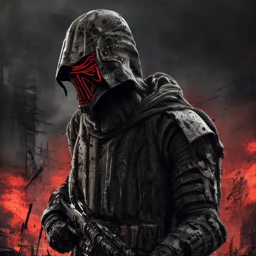 Prompt: Redesigned Gritty dark camouflage. Intense futuristic military commando-trained villain Todd McFarlane's kylo ren Spawn Bloody. Hurt. Damaged mask. Accurate. realistic. evil eyes. Slow exposure. Detailed. Dirty. Dark and gritty. Post-apocalyptic Neo Tokyo with fire and smoke .Futuristic. Shadows. Sinister. Armed. Fanatic. Intense. 