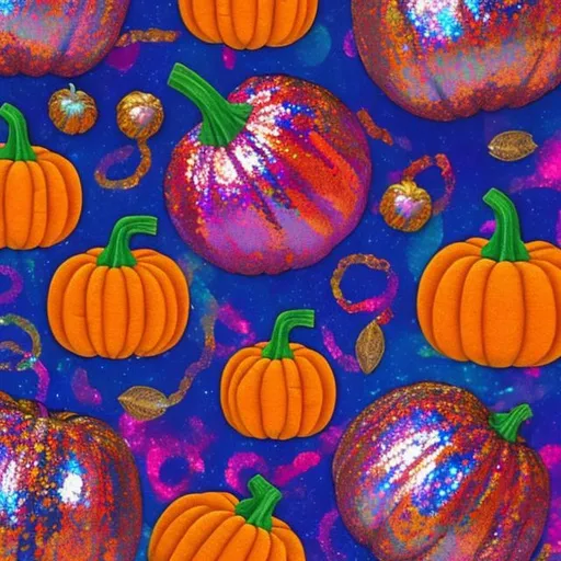 Prompt: Sequins and pumpkins in the style of Lisa frank