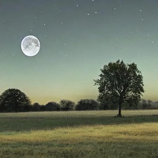 Prompt: a windswept English field with an oak tree in the middle, nighttime, with moon in the corner of the sky
