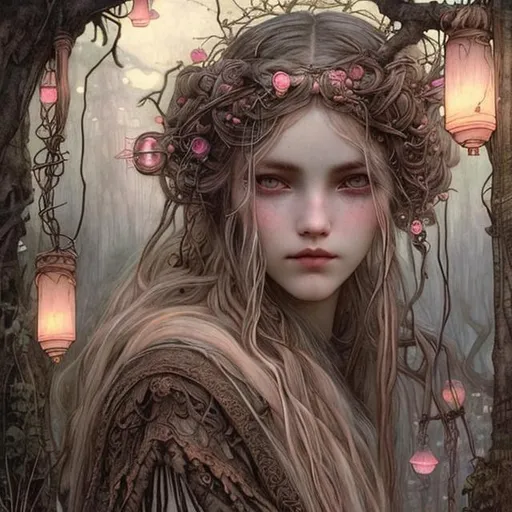 Prompt: Portrait Druid witch girl with rose gold pinkish hair and pretty detailed face in a dark and mysterious tree with Hanging lanterns by John Bauer and John William Waterhouse high contrast colorful storybook illustrations braids in hair moon in sky