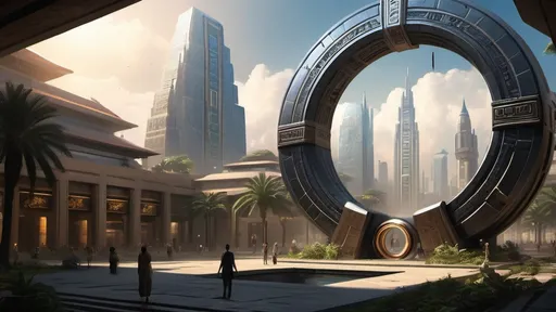 Prompt: magical portal between cities realms worlds kingdoms, circular portal, ring standing on edge, upright ring, freestanding ring, hieroglyphs on ring, complete ring, ancient sumerian architecture, gardens, hotels, office buildings, shopping malls, large wide-open city plaza, turned sideways view, futuristic cyberpunk tech-noir setting