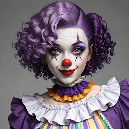 Prompt: A pretty female clown wearing purple, short , curly purple hair