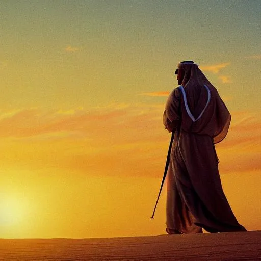 Prompt: an arabian knight walking in the desert alone durning a beautiful sunset on the horizon,very detailed,burka man hand sword