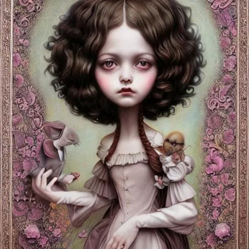 Prompt: renaissance bunny, A Well-Dressed Bunny by Mark Ryden, Dominic Murphy artwork, nicoletta ceccoli artwork, and Tom Bagshaw artwork, big dreamy eyes bunny, white and brown and pink dwarf bunny, art by Donato Giancola and James Gurney, digital art, trending on artstation, pop surrealism, lowbrow art, realistic, hyper realism, muted colours, rococo, natalie shau, loreta lux, trevor brown style,