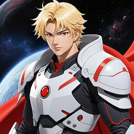 Prompt: Anime space mongol warrior youth, sci-fi armor, blond young man, cel shaded, manga, red eyes