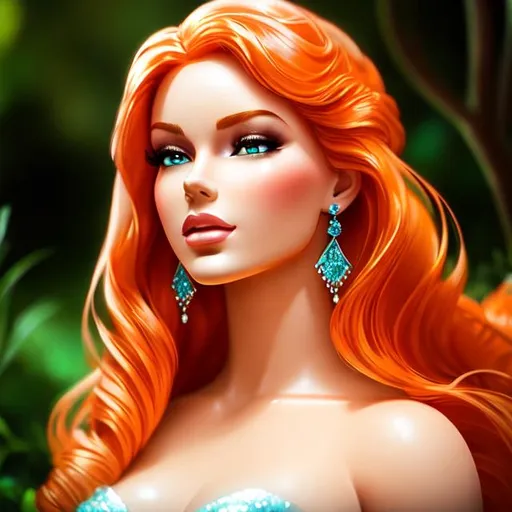 Prompt: a beautiful mermaid with pale skin and orange hair  and lips, Barbie doll , 4k,  facial closeup



