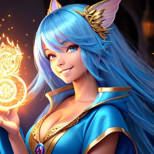 Prompt: oil painting, fantasy, Pixie girl, tanned-skinned-female, beautiful, bright blue hair, straight hair, rosy cheeks, smiling, looking at the viewer, summoner wearing intricate robes casting a spell, #3238, UHD, hd , 8k eyes, detailed face, big anime dreamy eyes, 8k eyes, intricate details, insanely detailed, masterpiece, cinematic lighting, 8k, complementary colors, golden ratio, octane render, volumetric lighting, unreal 5, artwork, concept art, cover, top model, light on hair colorful glamourous hyperdetailed medieval city background, intricate hyperdetailed breathtaking colorful glamorous scenic view landscape, ultra-fine details, hyper-focused, deep colors, dramatic lighting, ambient lighting god rays, flowers, garden | by sakimi chan, artgerm, wlop, pixiv, tumblr, instagram, deviantart