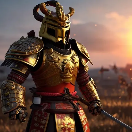 Prompt: Samurai with iron armour and dragon-themed helmet, golden katana looking at the sunset on a battlefield ultra-realistic