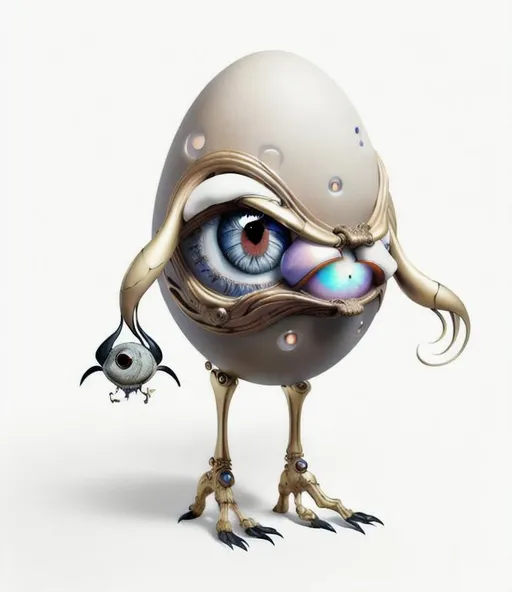 Prompt: Humanoid Egg with Single Large Eye Riding Chimera in Sarpedon, Beautiful Lips with a single white fang, Photometric lighting, Photorealistic Digital Art, Intricately detailed, 8k resolution, artby Salvador Dali 