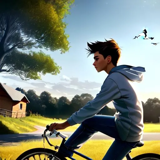 Prompt: Sideview 12 year old young Boy lightbrown hair wearing a white tanktop and dark gray darkblue worn baggy hoodie black jeans lightbrown shoes riding his bicycle rural area, house, trees in background two magpies, art, concept art, artstation, cinematic composition, dynamic angle,  close up face side midday beautiful nature colors blue sky