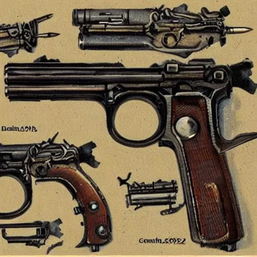 Prompt: Dieselpunk pistols concept art 1920s