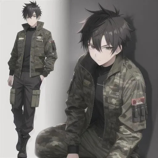 Prompt:  Yuichi 1male. {{Black spiky hair}} Wearing a camouflage jacket, cargo pants, sturdy boots, utility belt with pockets. Adam Manyoki, UHD. 4K. Highly detailed face. Adult