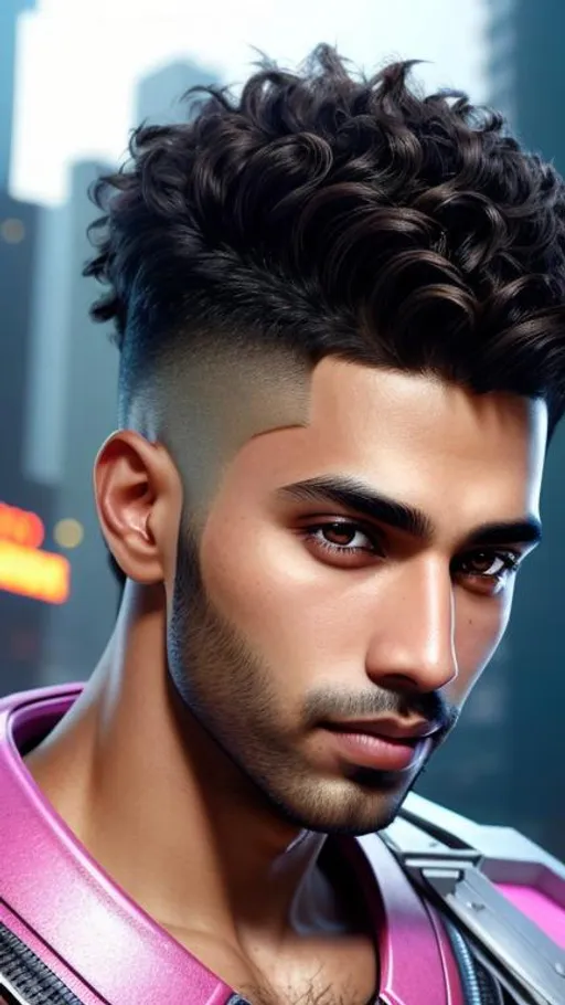 Prompt: A brown skin boy smirking with short curly hair and black eyes with a pointed nose and hairy eyebrow with pink lower lip and brown upper lip with a cyberpunk background, super highly detailed, intricate details, 8k, Ultra HD, Professional, Sharp focus, studio photo, Render, Realism 