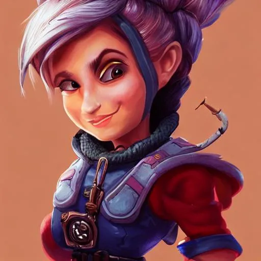 Prompt: muscular female gnome engineer artificer,  spiky hair,  full body portrait, d & d, fantasy, intricate, elegant, highly detailed, digital painting, artstation, centered, rule of thirds, concept art, matte, sharp focus, illustration, smiling