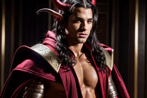 Prompt: Male, Race is tiefling, Photorealistic Overdetailed Portrait, Well Detailed face, Red and Black Robes and Armor, Black hair, Red Skin, horns, Detailed Hands, Detailed Twilight Background, Intricately Detailed, Award Winning, Photograph, Film Quality.