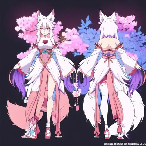 Prompt: anime  of a {character}, anime eyes, beautiful intricate fluffy, symmetrical, in unique anime style, concept art, digital painting, looking into camera,  pastel  flowers colorful kitsune fox adorable furry sketch full body