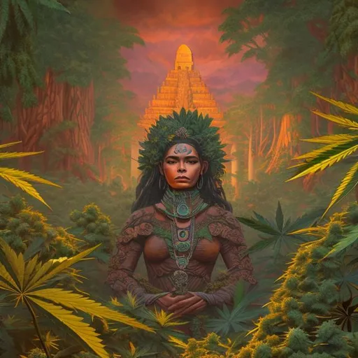 Prompt: Silhouette of the goddess Chicomecoatl in sitting in cannabis leaves, holding a cannabis bud & leafs in a Aztec city surrounded by redwoods 

dreamy natural colors, intricate details + diffused light + fantasy painting + ultra realistic + unreal engine, by Michaelangelo 
