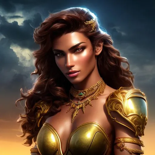Prompt: HD 4k 3D 8k professional modeling photo hyper realistic beautiful woman ethereal greek goddess of force, strength
short red hair dark eyes gorgeous face olive skin gold shining armor athletic physique tattoos gold headpiece full body surrounded by magical glowing light hd landscape background mount olympus clouds carrying chains and weapons