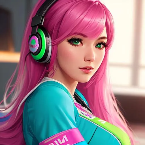 Prompt: 4K, 16K, picture quality, high quality, highly detailed, hyper-realism, skinny woman, hana song from overwatch, d.va from overwatch, playing games, pink and green hair, gaming girl