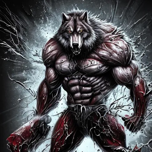 Prompt: ware wolf brutal gruesome blood big muscles
 splash art trippy