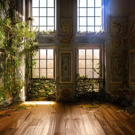 Prompt: Hyper Detailed abandoned royal palace. Broken chandelier and furniture. Vibes, plants and trees growing on the walls. Sunlight entering through broken windows. In the style of a digital painting. Autumnal colours. 