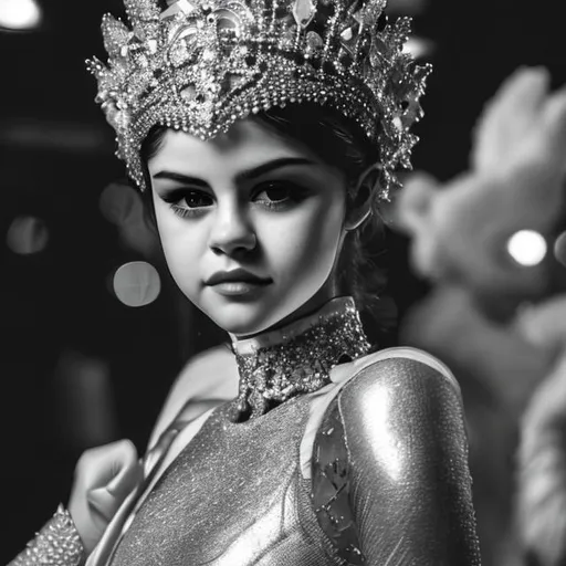 Prompt: monochrome, selena gomez, pale, bald, no hair, detailed face, beautiful, skinny, anorexic, thin face, queen, gold fur crown, white gown, white gloves, scifi