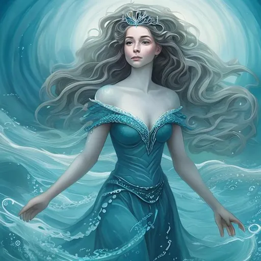 Prompt: fantasy queen of the sea wearing a modest blue dress made of the waves, long dark hair, ethereal painting