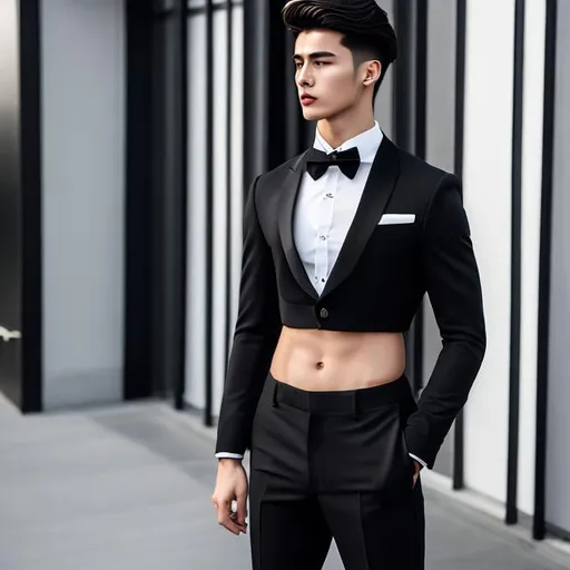 Prompt: crop top black long sleeve business suit and a black necktie, bare midriff, bare navel,  black business suit pants, 20-years old, male, man, confident, long wavy hair, six pack abs, standing, arms akimbo, showcasing abs, sideview, outside, shining light, photo, 4k, hdr, vibrant, studio camera, ((high quality))