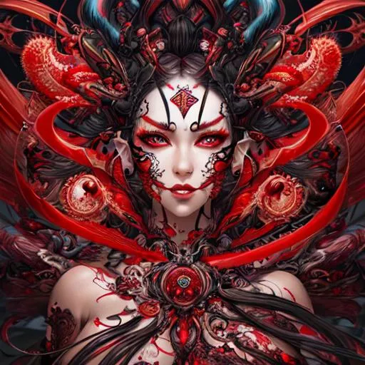 Prompt: Beautiful chaos goddess covered in arrows with detailed red an black features in erupting nonsense filled with illuminating twists, shrimp, by anna dittmann, digital painting, extreme detail, 4k, ultra hd, hyper detailed, colorful, wlop, digital painting, random items covered skin, Anime Face, Sharp Focus, Character Design, Wlop, Artgerm, Kuvshinov, Character Design, Unreal Engine, Vintage Photography, Beautiful, Tumblr Aesthetic, Retro Vintage Style, Hd Photography, Hyperrealism, Beautiful Watercolor Painting, Realistic, Detailed, Painting By Olga Shvartsur, Svetlana Novikova, Fine Art, Soft Watercolor