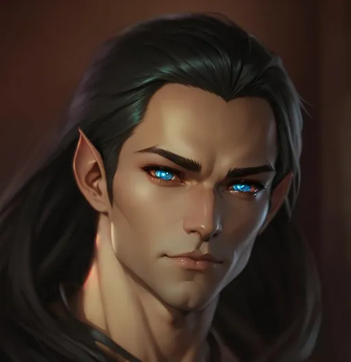 Prompt: Drow Elf, Closeup face portrait, male, smooth soft skin, big dreamy eyes, beautiful intricate colored hair, symmetrical, anime wide eyes, soft lighting, detailed face, by makoto shinkai, stanley artgerm lau, wlop, rossdraws, concept art, digital painting, looking into camera