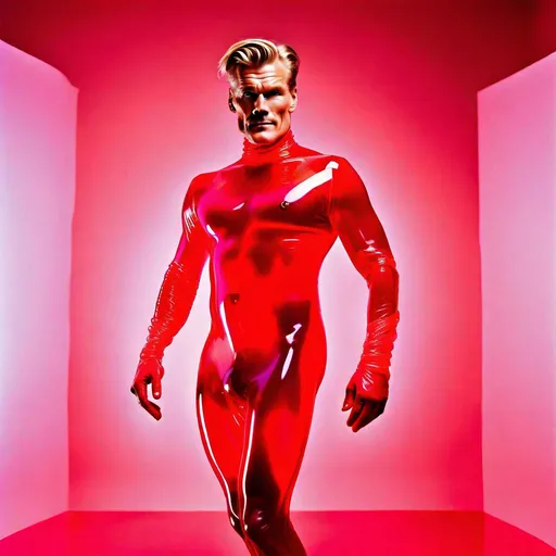 Prompt: Dolf Lundgren wearing transluscent cherry red lump jello body suit and posing heroically 