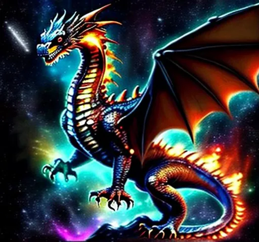 Prompt: a realistic dragon with a terrifying face with wings in the shape of a fiery eagle's wings glowing like a fiery comet's tail with magical energy escaping from the wings... in a deep sky black as night and galaxies in the background...