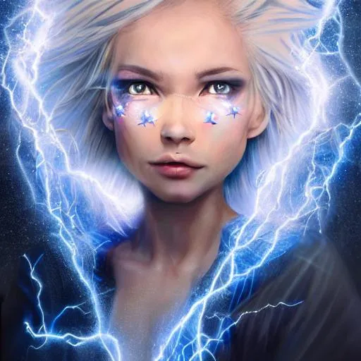 Prompt:  realistic art, 4k, girl, great mage hovering in the air. white eyes, white hair with blue streaks, wrapped in lightning, a wooden staff with a crystalline orb on top.