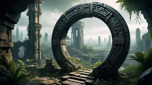 Prompt: magical portal between cities realms worlds kingdoms, circular portal, ring standing on edge, upright ring, freestanding ring, hieroglyphs on ring, broken ring, ruins, crumbling pillars, broken archways, ancient roman architecture, jungle wilderness setting, panoramic view, futuristic cyberpunk tech-noir setting