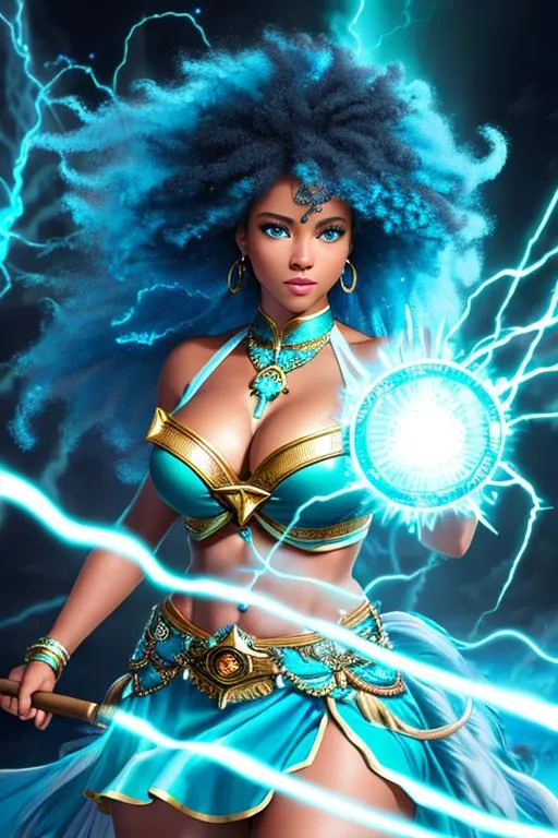 Prompt: oil painting, UHD,  8k, Very detailed, panned out, afro female lightning elemental with flesh that is bluemade of lightning, visible face she is made of lightning, she has flowing hair lighting coming from it, she wears a turquoise Japanese skirt, a turquoise cloth across her chest, she hold a hammer which lightning is radiating from it, 