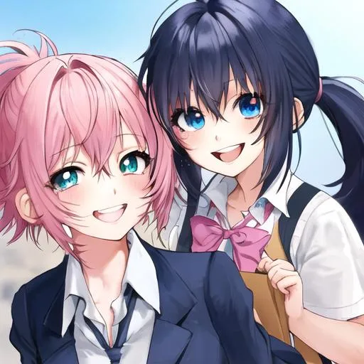 Prompt: anime girl with school girl cloths and pink hair with blue book in hand smiling . With her hair in a pony tail .Her eyes shining  green and blue . Her smile is so pretty and sweat. 