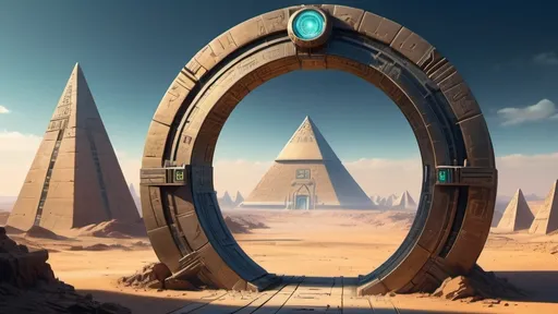 Prompt: circular portal, gateway between cities realms worlds kingdoms, ring standing on edge, freestanding ring, hieroglyphs on ring, complete ring, obelisks, pyramids, panoramic view, cyberpunk utopian setting