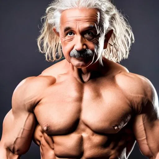 Prompt: Portrait of albert einstein angry with body burly and body athletic , background in box ring, perfect abs body, big muscle, perfect composition, detailed body, ideal human, Realistic, super detailed, 8k, high quality, sharp focus, studio photo, intricate details, highly detailed