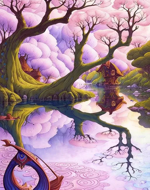 Prompt: magical river that takes you to wonderland in the style of Esao Andrews, Ivan Bilibin, Catrin Welz-Stein, Daniel Merriam, Jacek Yerka, Megan duncanson, Michelangelo. Reflective light. Dreamy. highly detailed, extremely detailed, intricate, very attractive, high detail, wallpaper, award winning, fantastic view, high definition, crisp quality, colourful, hdr, VRay