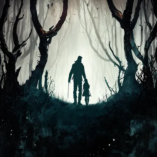 Prompt: father and daughter holding hands, a dark forest, medieval hunter clothing, sillhouette, very short child girl, abstract, dirty, high contrast, limbo, trending on artstation, masterpiece, beautiful composition