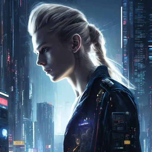 Prompt: beautiful long-haired french young man with blonde hair, ponytail, twentysomething, high cheekbones, introspective, black captain's uniform, futuristic, cyberpunk, realistic details, photorealistic, cinematic lighting, ultra detailed
