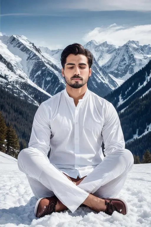 Prompt: a scene of "hyperreal closed face", meditating, lost in god,"irani hyperreal handsome rugged boy", hyperreal stormy snow mountain", smile, white kameez, detailed, hyperreal, sitting, arena, perfect composition, hyperrealistic, super detailed, 8k, high quality, trending art, trending on artstation, sharp focus, studio photo, intricate details, highly detailed, by greg rutkowski
