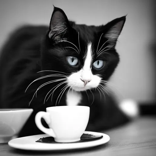 Prompt: black and white Cat  drinking coffee