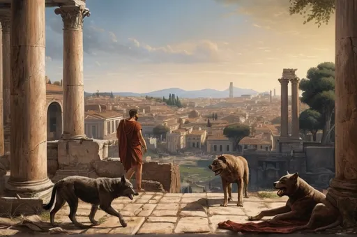 Prompt: historical old oil painting of a realistic scene in ancient rome, as romulus and remus trace the outline of the new city on the ground,  high detail, uhd, 8k