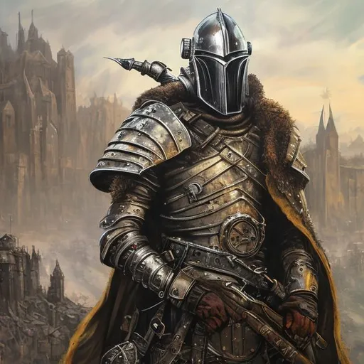 Prompt: Post apocalyptic futuristic medieval king with helmet and cape realistic oil paint 