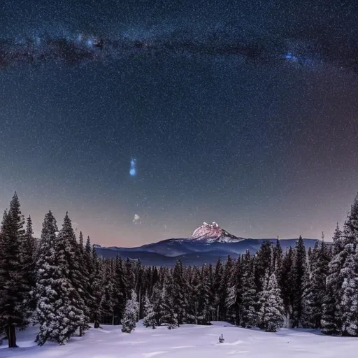 Prompt: 8k resolution,high quality picture, a night sky full of stars with few clouds, moon slightly clouded, snow covered mountain, tall pine trees, moon shadowed by trees also