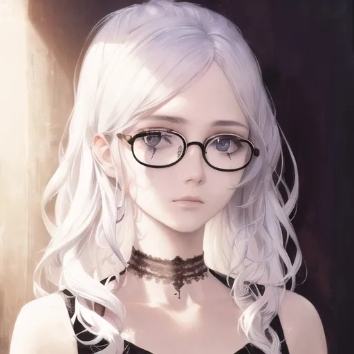 Prompt: ((art by  Agnes Cecile)), 1girl, solo, [goth:alternative:.5], round eyewear, ((glasses)), choker, jewelry, (close to viewer), sharp focus, best quality, masterpiece, illustration, (amazing detailed), (intricate detailed), ((beautiful detailed face)), curly white hair