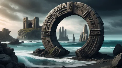 Prompt: magical portal between cities realms worlds kingdoms, circular portal, ring standing on edge, upright ring, freestanding ring, hieroglyphs on ring, broken ring, ruins, crumbling pillars, broken archways, ancient roman architecture, seaside wilderness setting, panoramic view, futuristic cyberpunk tech-noir setting