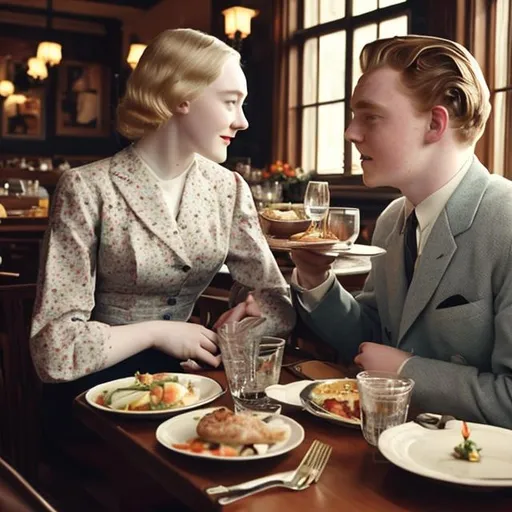 Prompt: Saoirse Ronan and Jack Lowden as a 1950s era couple eating at restaurant while being served by Elle Fanning